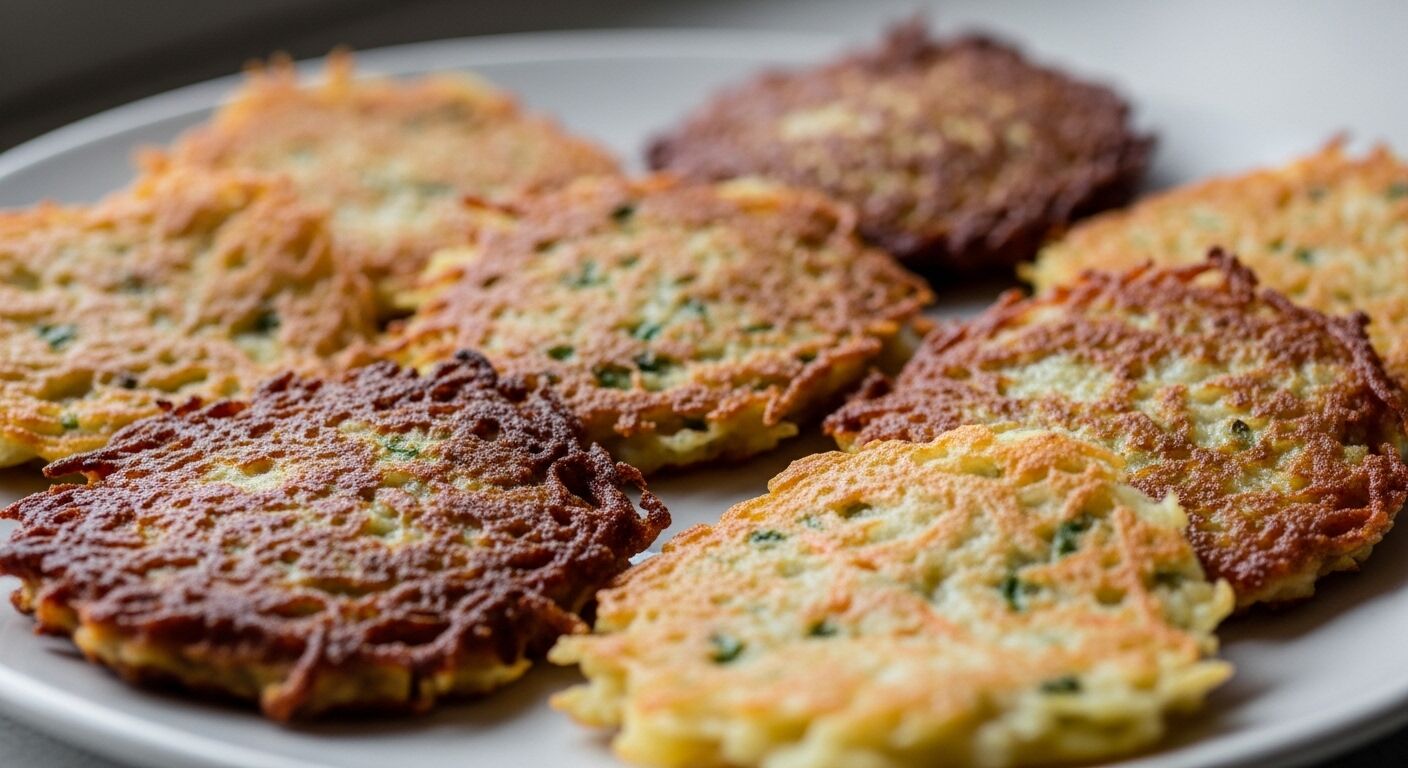 Latkes kentang coklat keemasan dengan bumbu di piring putih