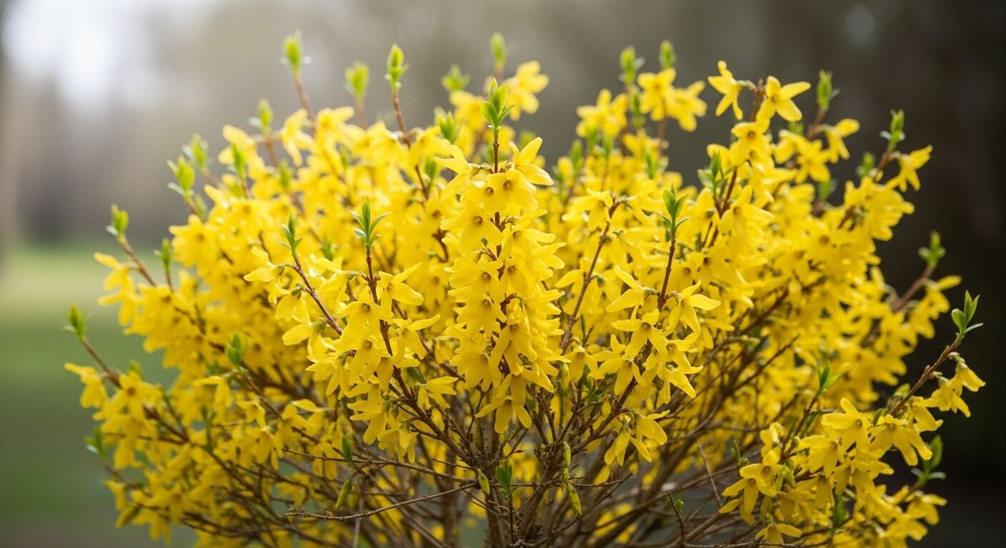 Semak Forsythia dengan bunga kuning cerah dan daun hijau segar di awal musim semi di luar ruangan