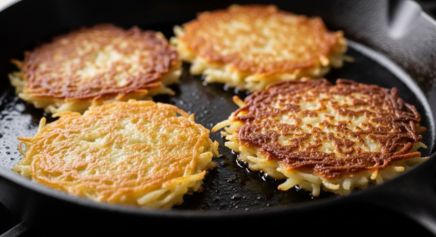 Empat latkes kentang coklat keemasan digoreng dalam wajan besi cor hitam dengan gelembung minyak terlihat