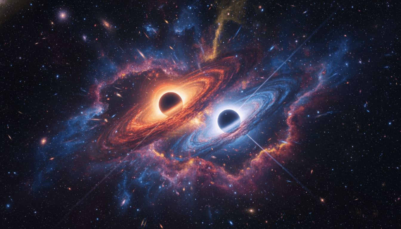 Dua lubang hitam bercahaya dengan piringan akresi merah dan biru berputar-putar dikelilingi awan kosmik berwarna-warni di angkasa luar.