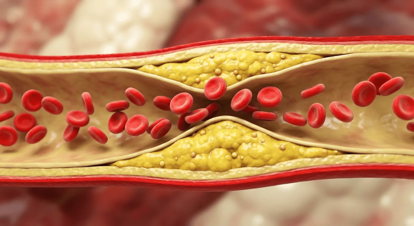 Penampang arteri menunjukkan penumpukan plak yang mempersempit pembuluh darah tempat sel darah merah mengalir.