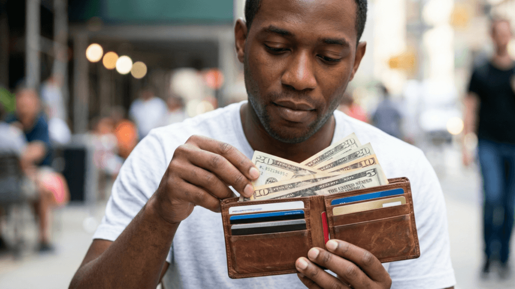 Pria berkemeja putih memegang dompet coklat dengan uang dolar AS dan kartu kredit di jalan kota