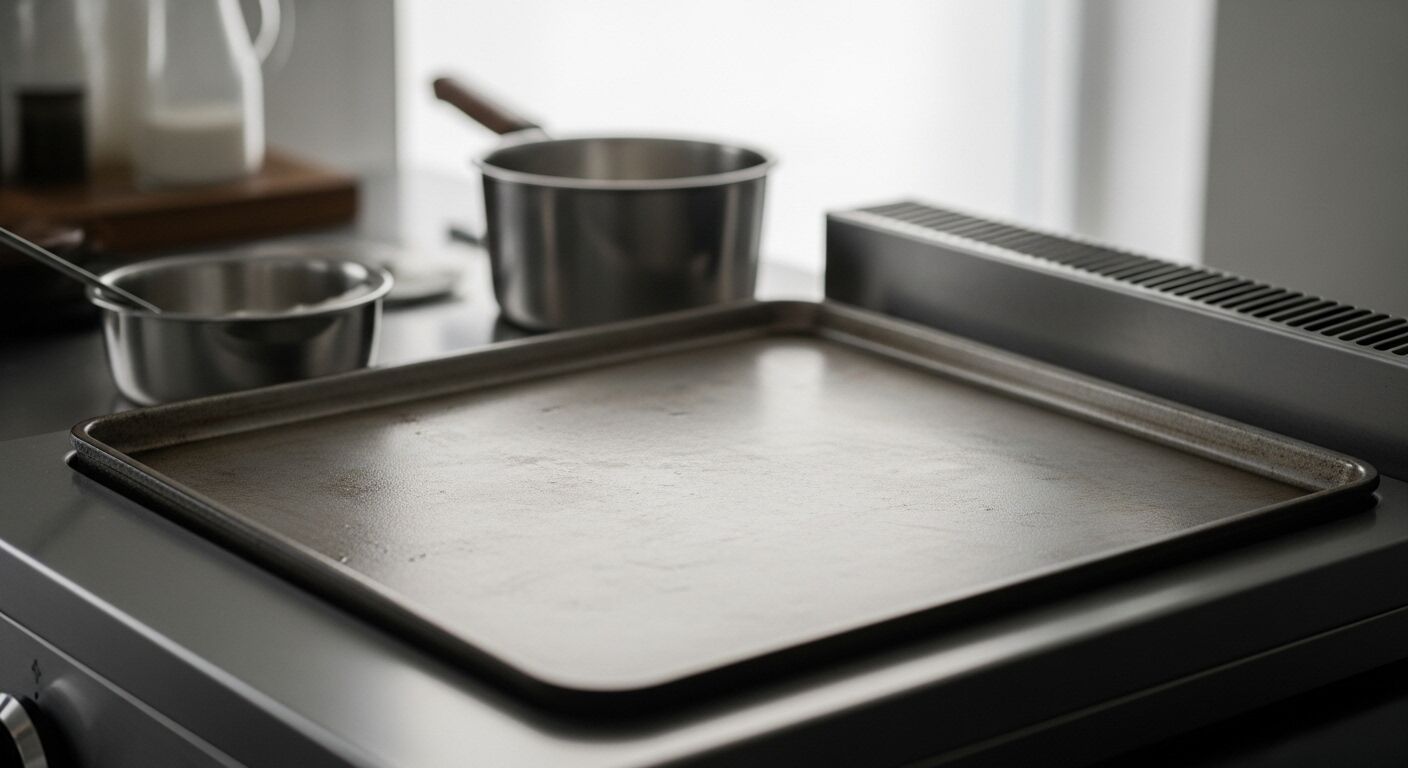 Loyang logam kosong di atas kompor dengan dua panci baja tahan karat di latar belakang