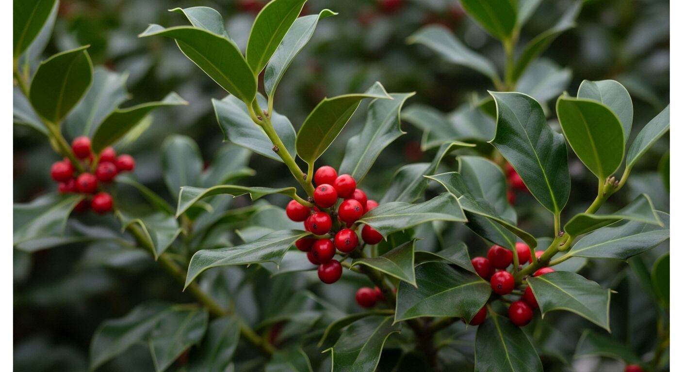 Cabang holly hijau dengan kelompok buah beri merah cerah