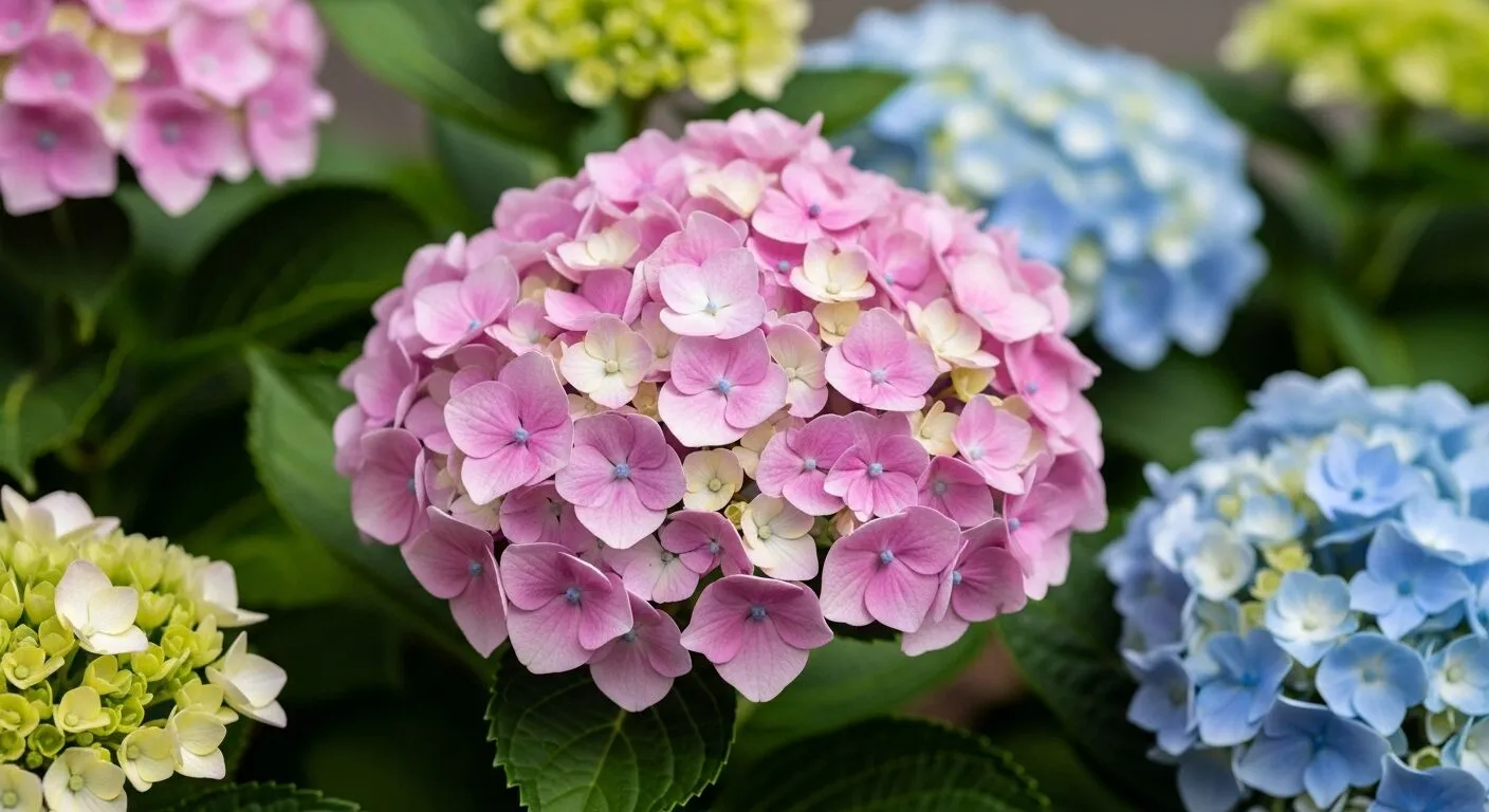 Gugusan bunga hydrangea berwarna merah muda, biru, dan kuning dengan daun hijau di latar belakang