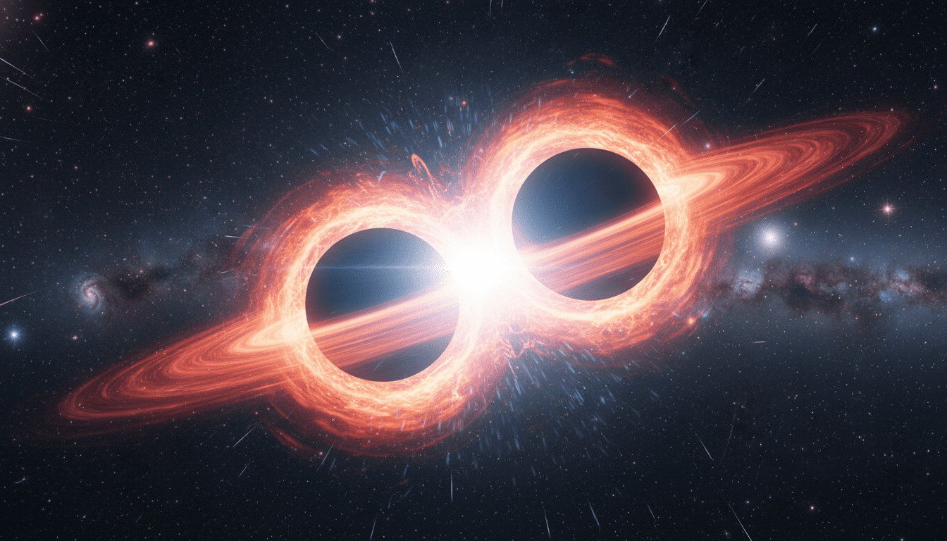 Dua lubang hitam dengan cakram akresi oranye bersinar menyatu di angkasa dengan latar belakang berbintang.