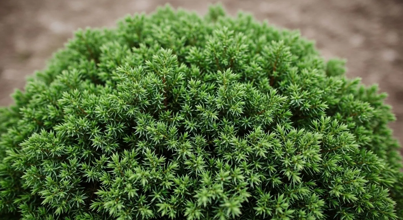 Tampilan jarak dekat dari semak juniper hijau bulat yang lebat dengan daun seperti jarum dengan latar belakang kabur.