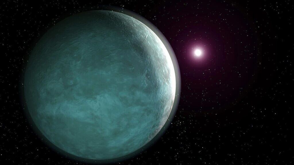 Planet biru-hijau dengan bintang terang dan banyak bintang jauh di latar belakang luar angkasa