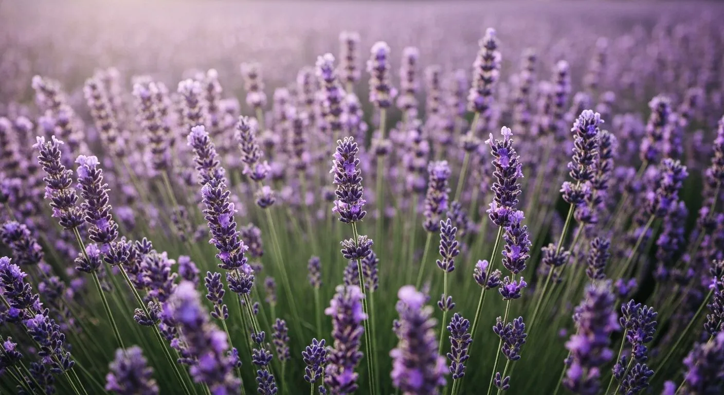 Tampilan jarak dekat dari bunga lavender ungu yang mekar di ladang dengan latar belakang sinar matahari yang lembut
