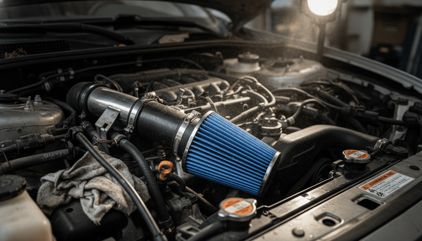 Tampilan jarak dekat dari mesin mobil dengan filter pemasukan udara purnajual berwarna biru dan lampu kerja yang menerangi area tersebut.