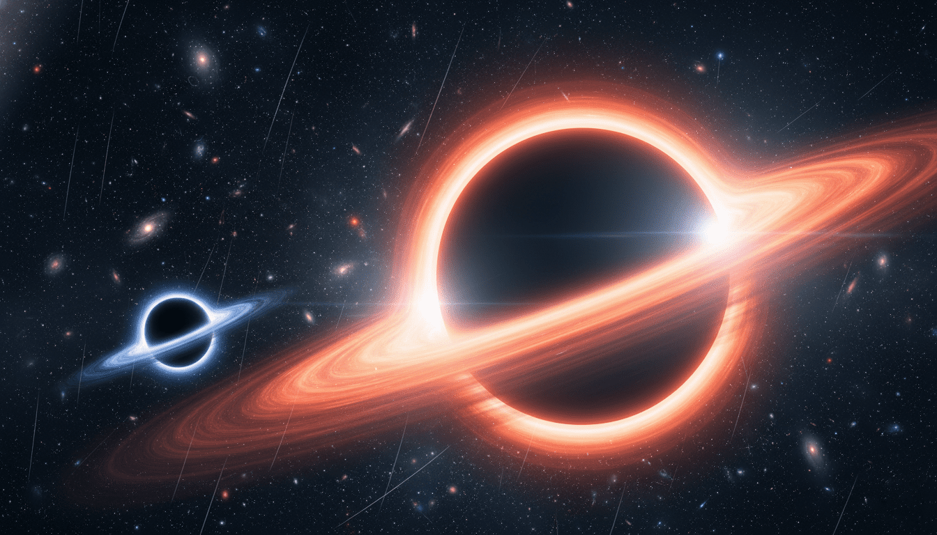 Dua lubang hitam bercahaya dengan cakram akresi terang di latar belakang galaksi yang dipenuhi bintang