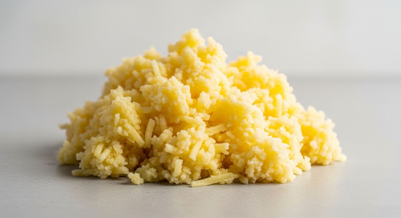 Tumpukan butiran couscous mentah pada permukaan abu-abu dengan latar belakang polos