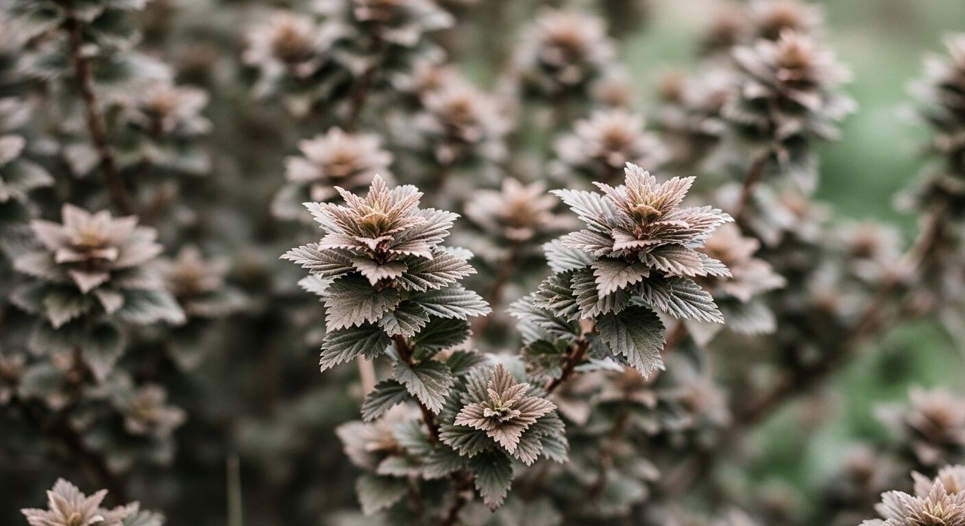 close-up daun bergerigi hijau dan coklat pada tanaman dengan latar belakang kabur