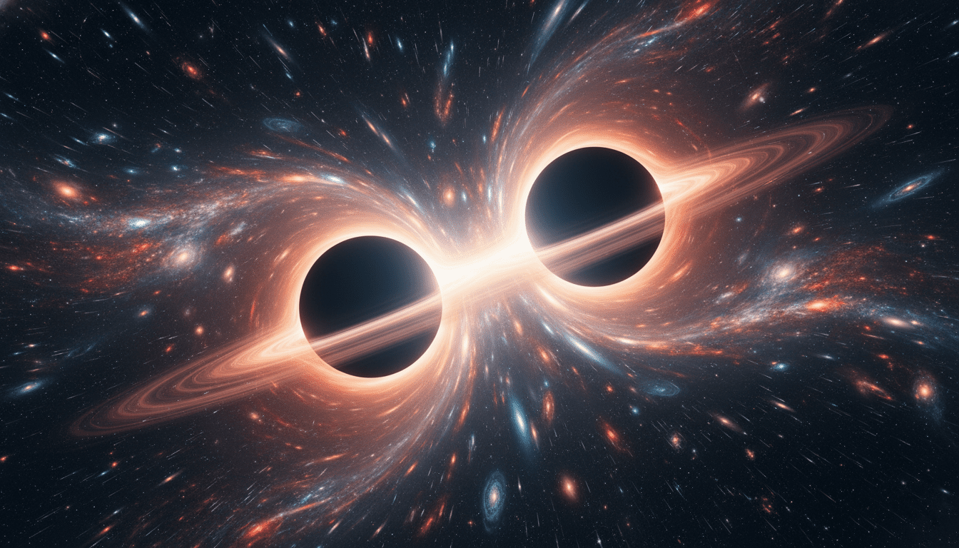 Dua lubang hitam dengan piringan akresi bercahaya dihubungkan oleh jembatan gravitasi terang di luar angkasa.