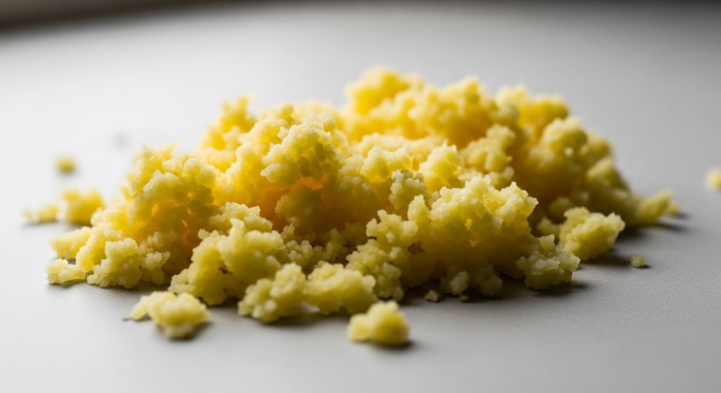 Tampilan jarak dekat dari butiran couscous kuning yang dimasak pada permukaan putih.