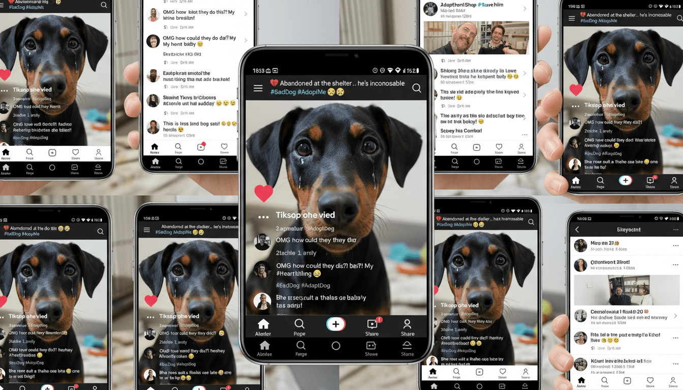 Beberapa ponsel cerdas menampilkan postingan media sosial yang menampilkan gambar anjing berwarna hitam dan cokelat dari jarak dekat dengan teks tentang ditinggalkan di tempat penampungan dan tagar seperti #SadDog dan #AdoptMe.