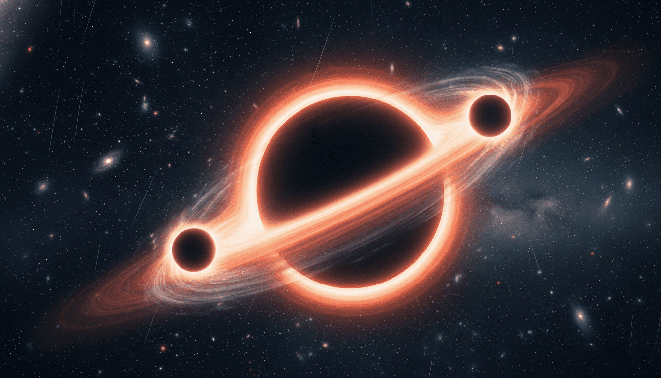 Lubang hitam dengan cincin akresi oranye bersinar dan dua lubang hitam kecil yang mengorbit dengan latar belakang galaksi yang dipenuhi bintang