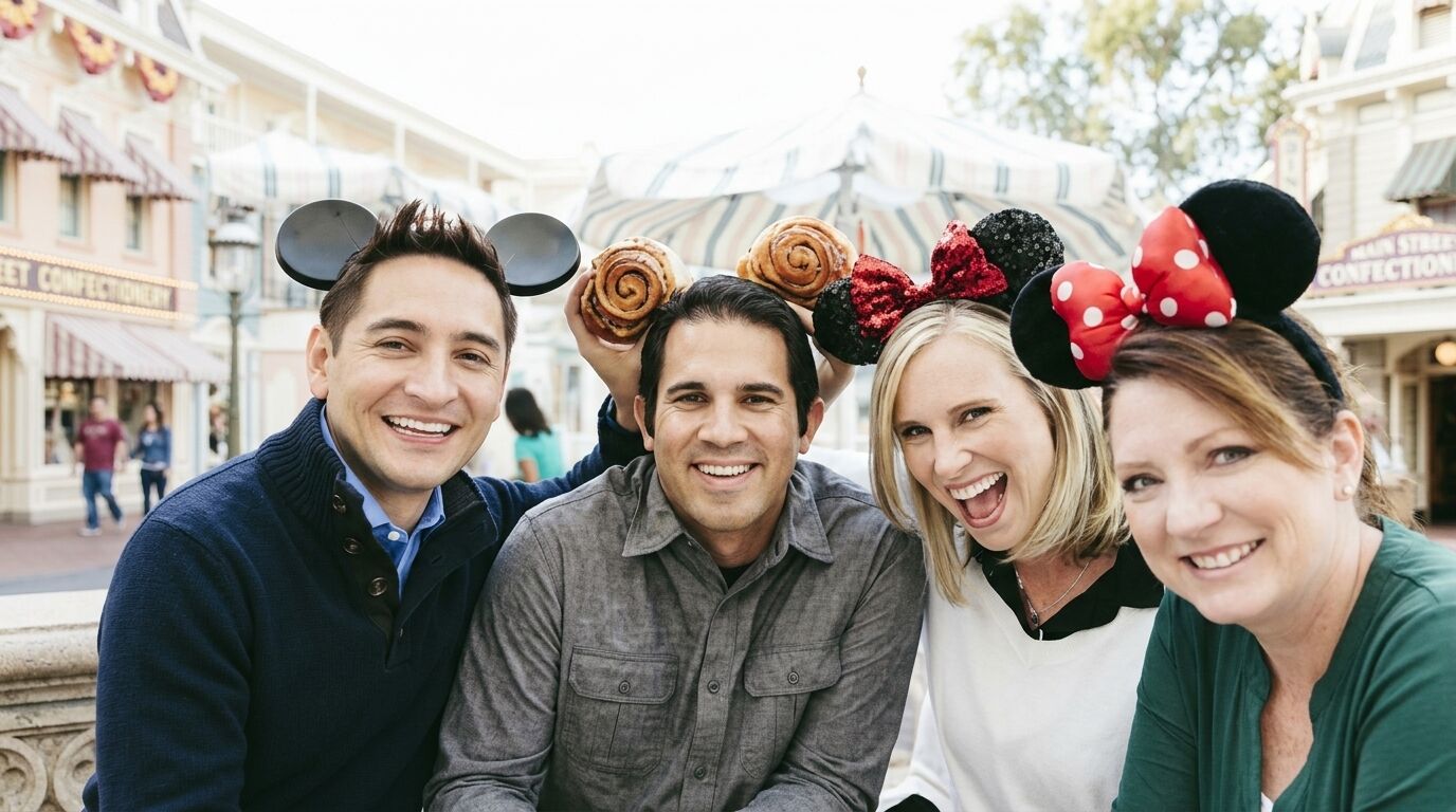 Sekelompok empat orang dewasa tersenyum mengenakan telinga Mickey dan Minnie Mouse bertema Disney di taman hiburan.
