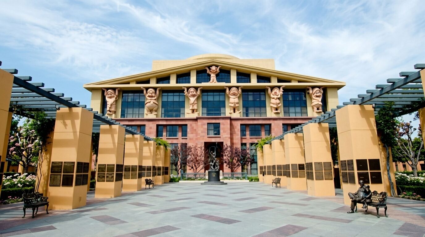 Fasad bangunan Disney Animation Studios dengan patung Tujuh Kurcaci dan patung di halaman