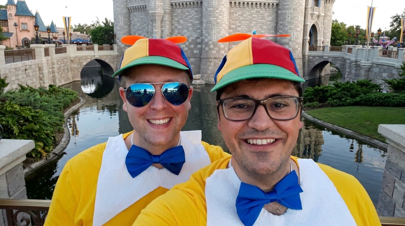 Dua pria tersenyum dengan topi baling-baling berwarna-warni dan dasi kupu-kupu biru di depan parit kastil di taman hiburan