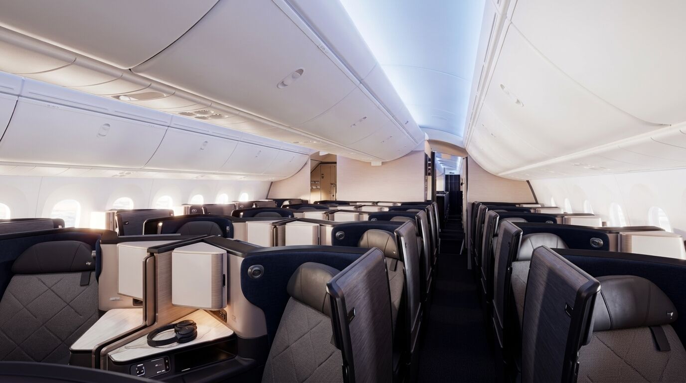 Interior kabin kelas bisnis dengan kursi berbaring yang luas dan kompartemen penyimpanan pribadi di pesawat.