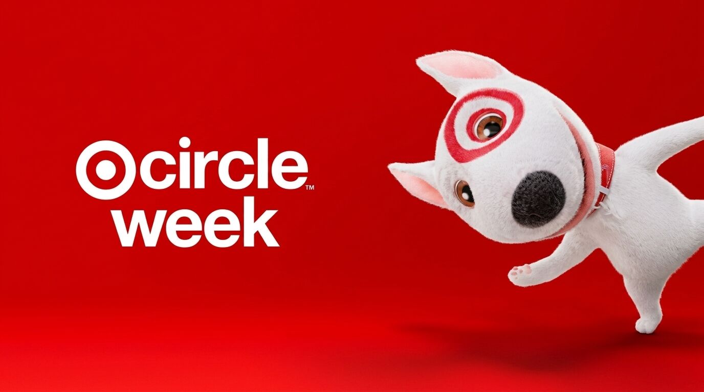 Bullseye, anjing maskot Target, bersandar di depan latar belakang merah dengan 