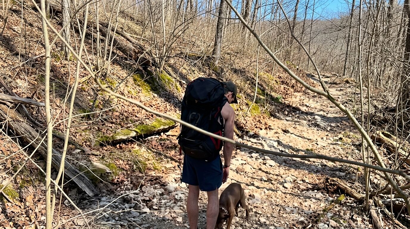 Pria dengan ransel membungkuk ke arah anjing coklat di jalur hutan berbatu di awal musim semi