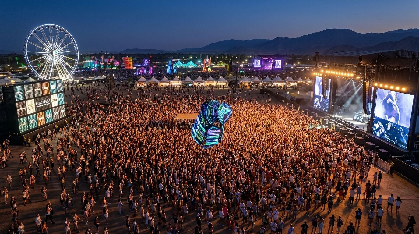 Kerumunan besar di festival musik Coachella dekat panggung dan bianglala saat senja dengan instalasi seni bercahaya di atas penonton.