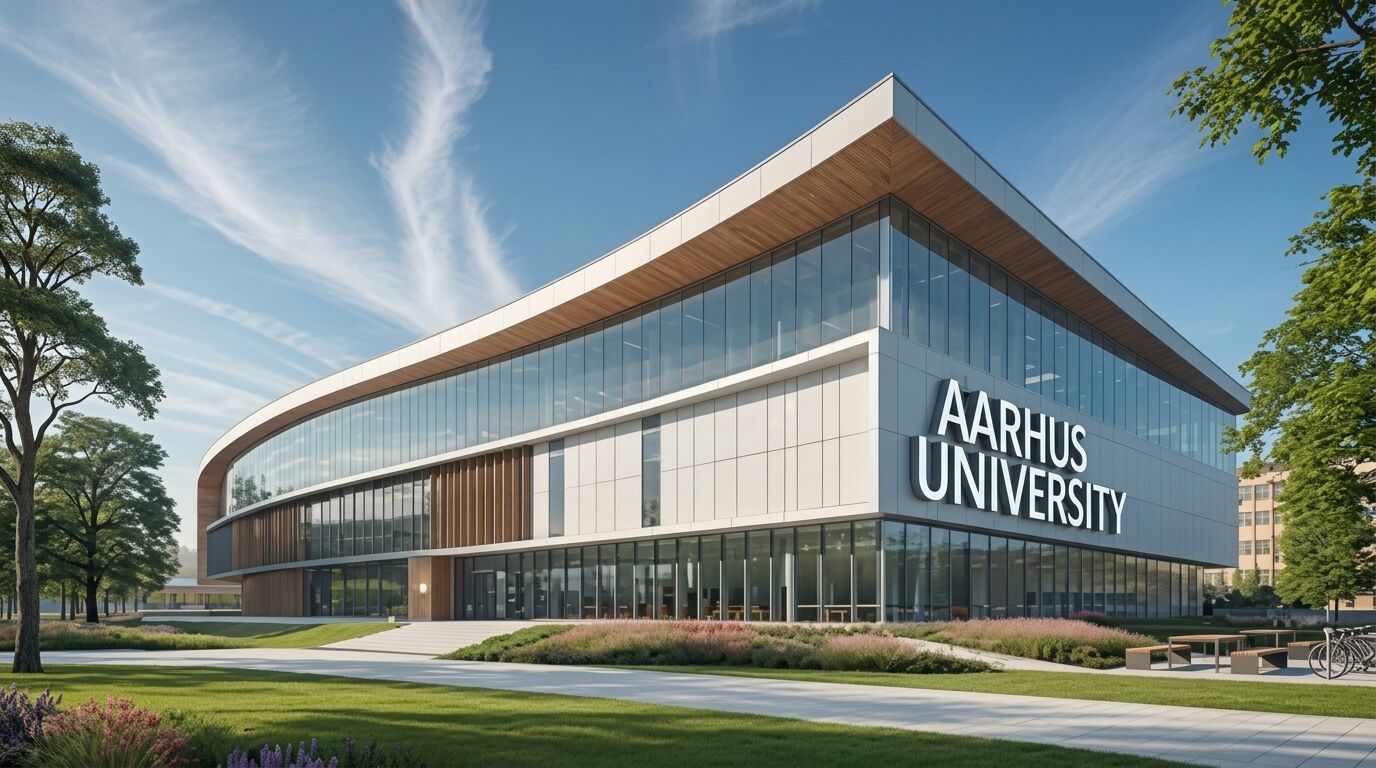 Gedung Universitas Aarhus modern dengan fasad kaca melengkung dan lingkungan lanskap di bawah langit biru