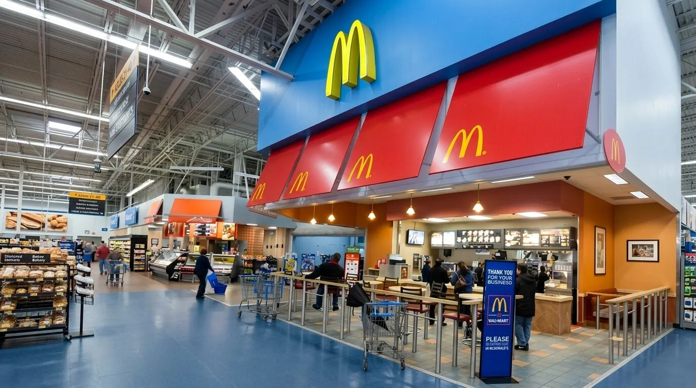 Konter makanan cepat saji McDonald's di dalam toko Walmart dengan pelanggan memesan dan duduk di meja.