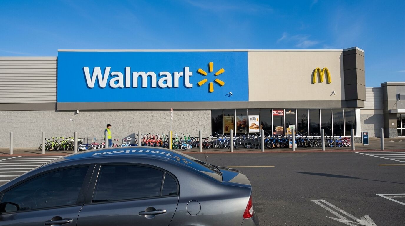 Etalase Walmart dengan logo McDonald's di gedung dan sepeda dipajang di luar di bawah langit biru cerah.