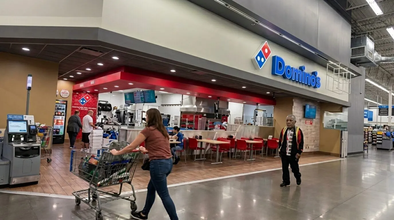 Konter pizza Domino di dalam toko kelontong dengan pelanggan dan seorang wanita mendorong keranjang belanja.