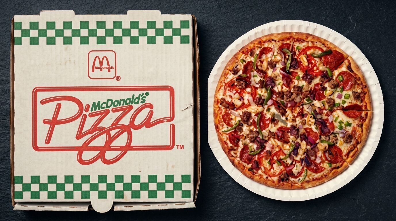 Pizza McDonald's dengan pepperoni, sosis, paprika hijau, bawang bombay, dan keju di piring kertas putih di samping kotak bermereknya