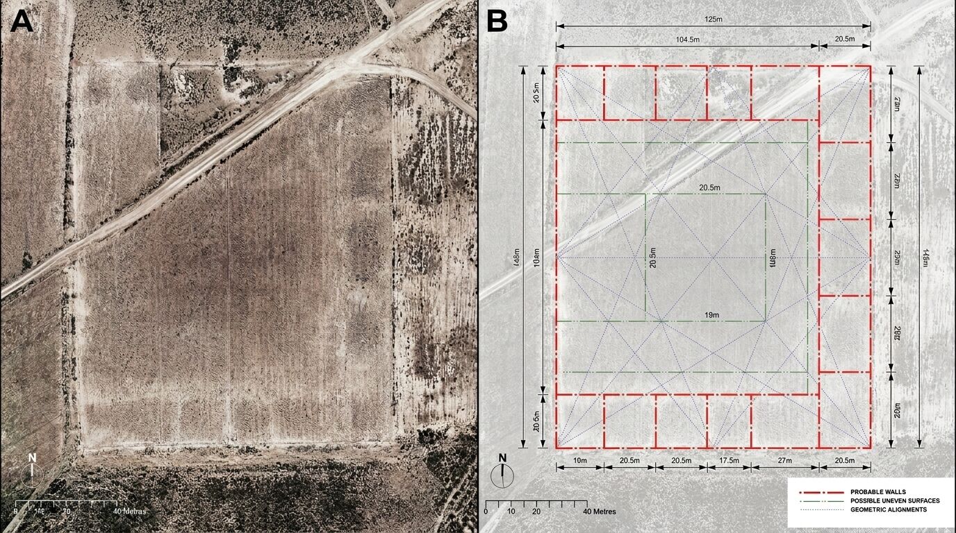 Pemandangan udara dari situs arkeologi dengan kemungkinan dinding, permukaan tidak rata, dan kesejajaran geometris yang ditandai dengan pengukuran