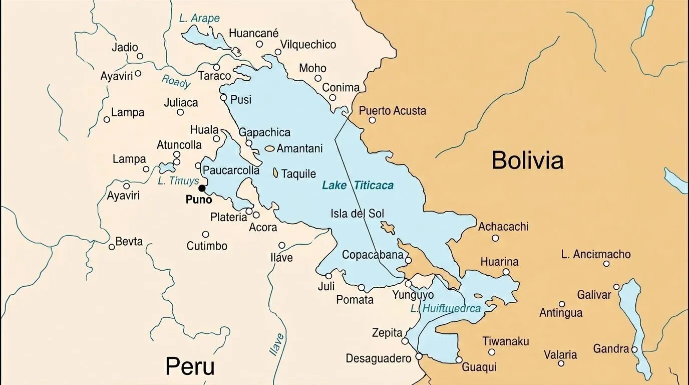 Peta Danau Titicaca dan kota-kota sekitarnya di Peru dan Bolivia termasuk Puno, Copacabana, dan Isla del Sol.