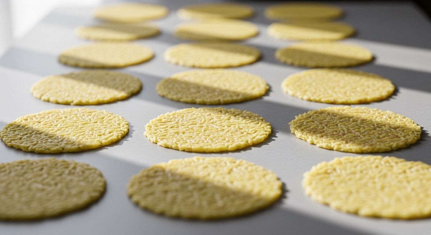 Barisan tortilla jagung kuning bulat tipis mengering di permukaan datar dengan sinar matahari dan bayangan.