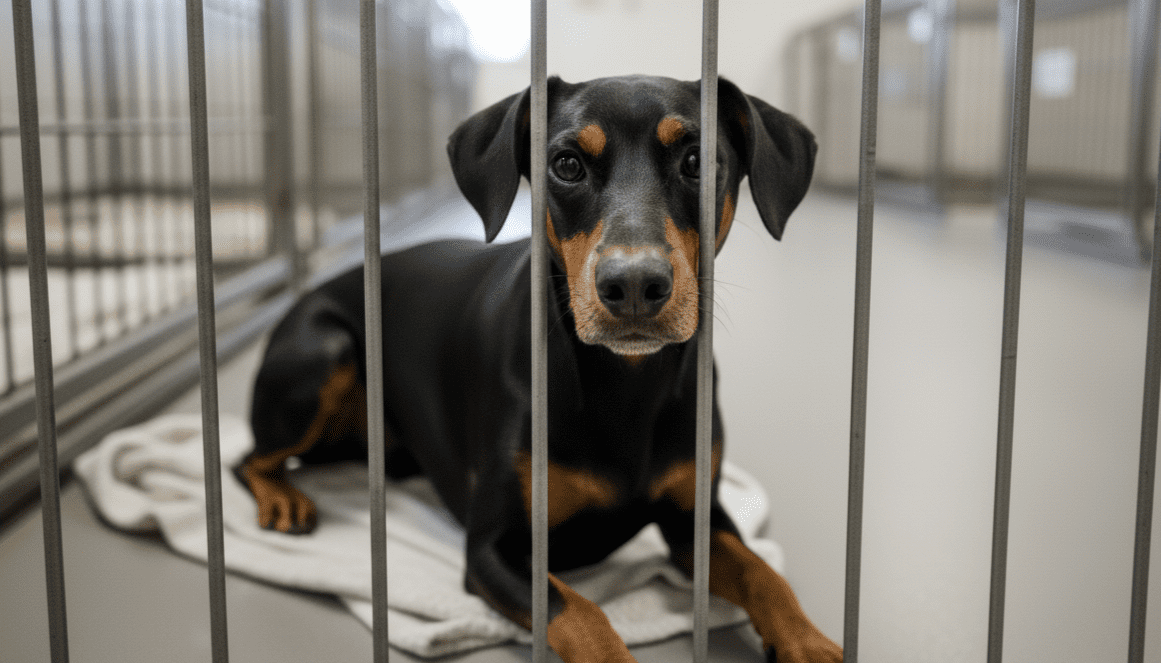 Doberman hitam dan cokelat tergeletak di atas selimut di dalam kandang logam di tempat penampungan hewan