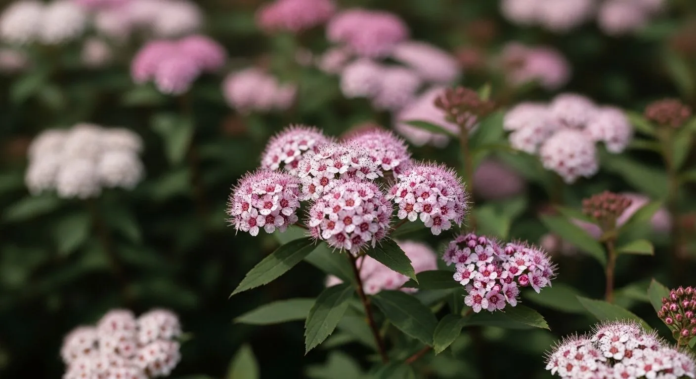 Gugusan bunga spirea merah muda dan putih dengan daun hijau di taman