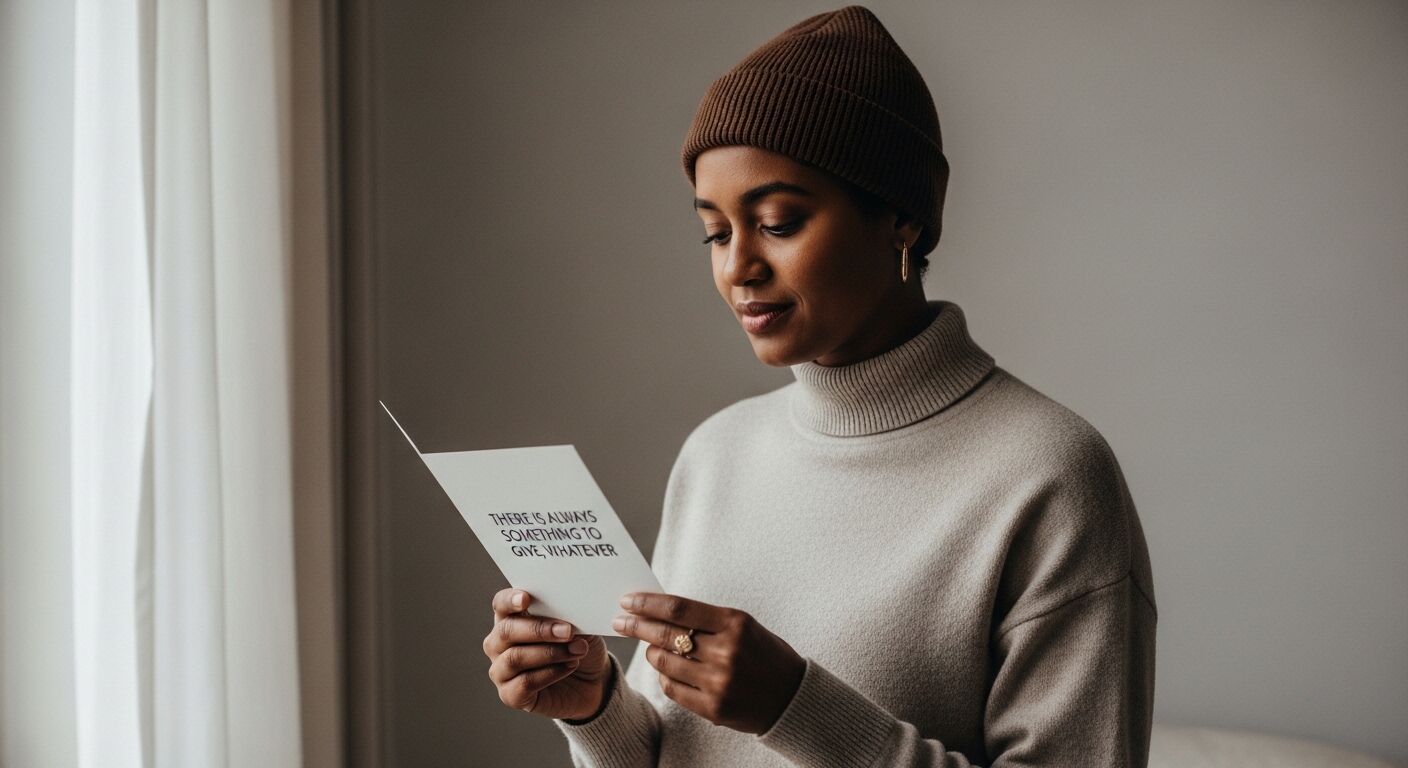 Wanita dengan beanie coklat dan turtleneck krem ​​membaca kartu di dekat jendela dengan tirai putih
