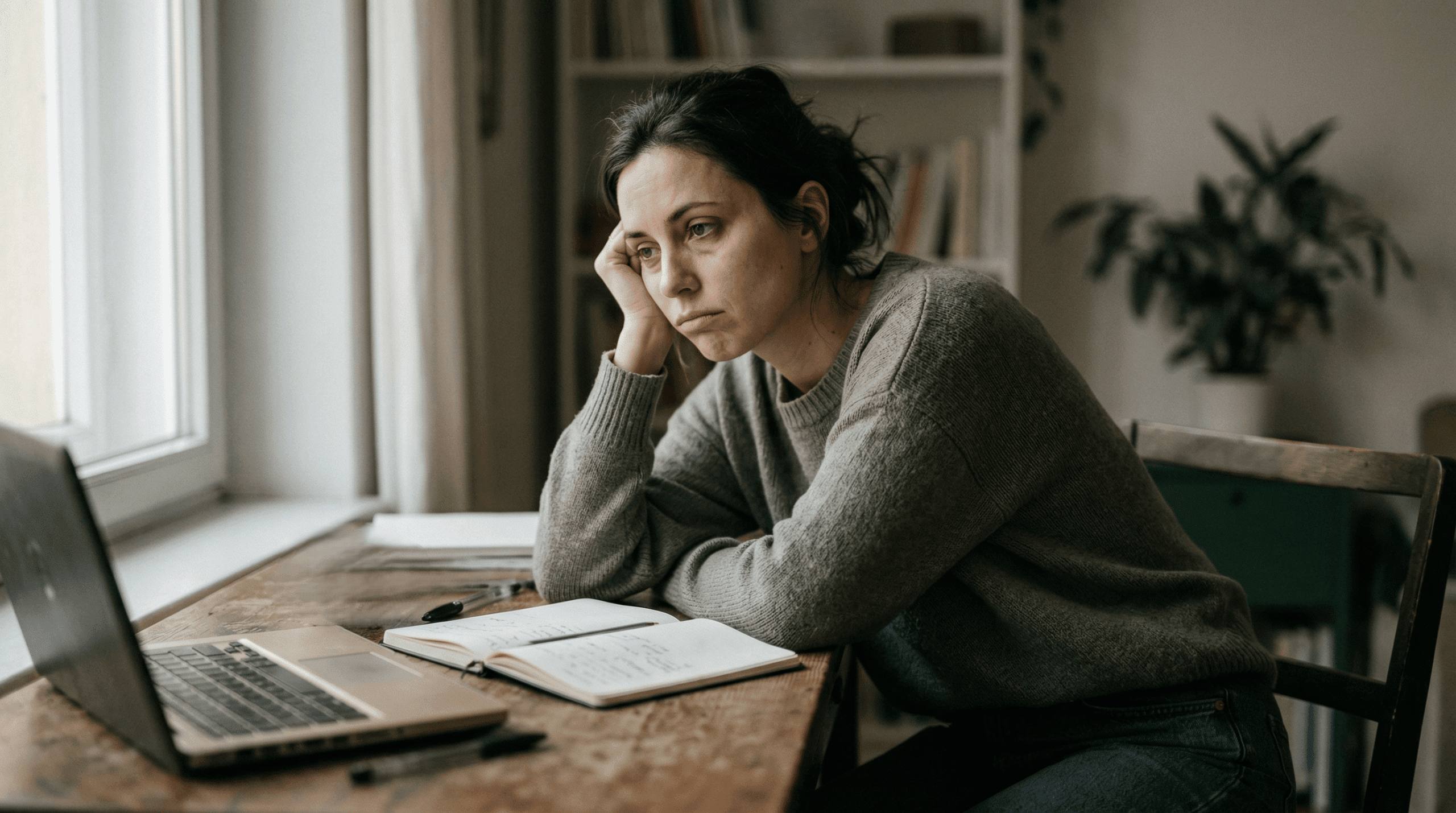 Wanita bersweter abu-abu tampak lelah dan menyandarkan kepala di atas tangan sambil duduk di meja dengan laptop dan buku catatan