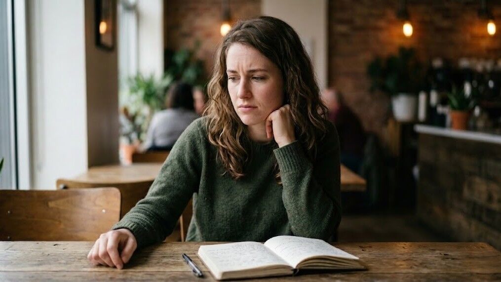 Wanita bersweter hijau duduk di meja kayu dengan buku catatan terbuka, memandang ke samping kafe dengan penuh perhatian.