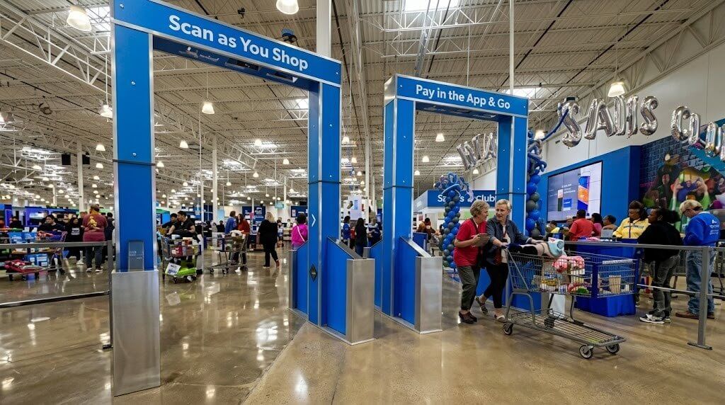 Dua wanita dengan kereta belanja di area pembayaran mandiri Sam's Club 