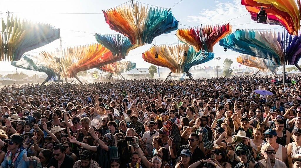 Kerumunan besar menikmati festival musik luar ruangan di bawah struktur kanopi abstrak yang berwarna-warni.