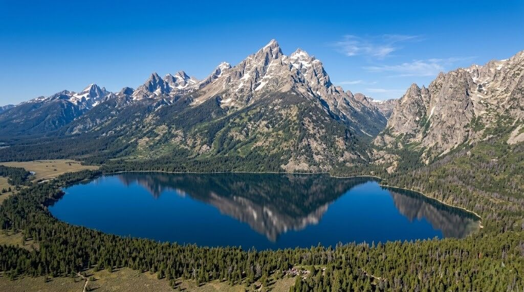 Pegunungan Teton yang tertutup salju tercermin di Danau Jenny, Taman Nasional Grand Teton, Wyoming.
