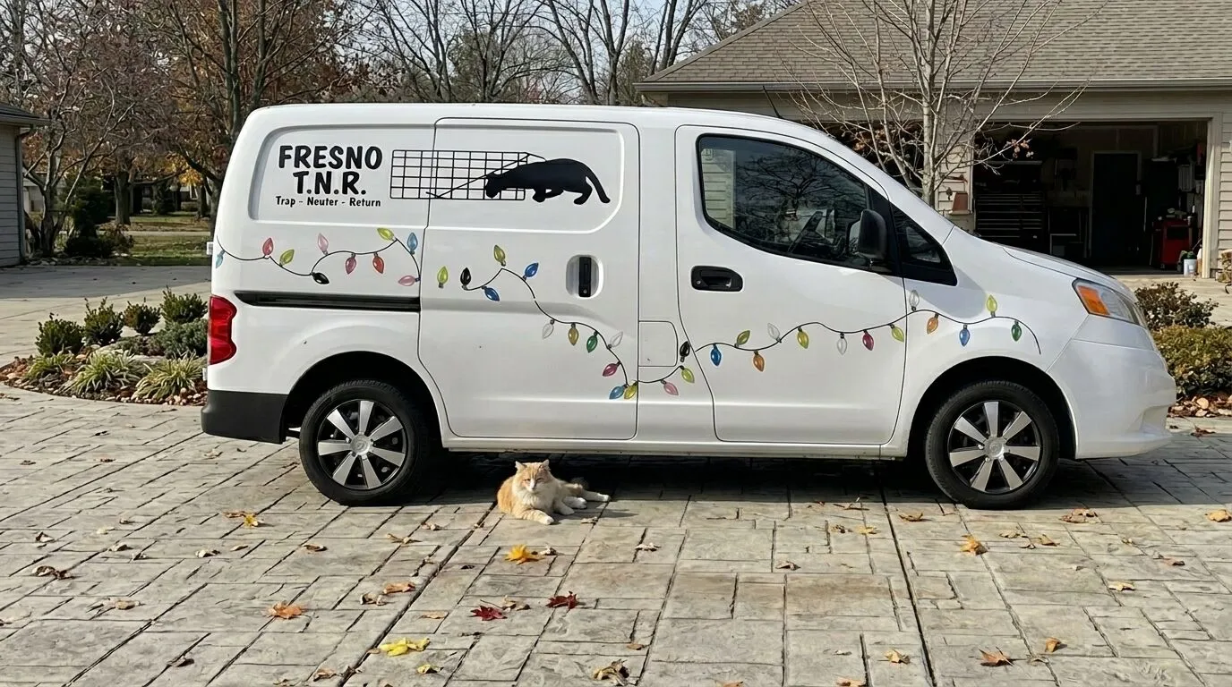 Van TNR Fresno putih dengan grafis lampu senar warna-warni dan seekor kucing tergeletak di jalan masuk di sampingnya