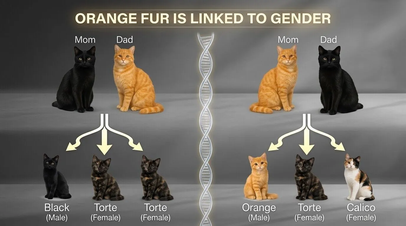 Diagram menunjukkan bulu oranye pada kucing yang dikaitkan dengan jenis kelamin dengan induk kucing berwarna hitam dan oranye yang menghasilkan keturunan jantan dan betina dengan warna bulu berbeda.
