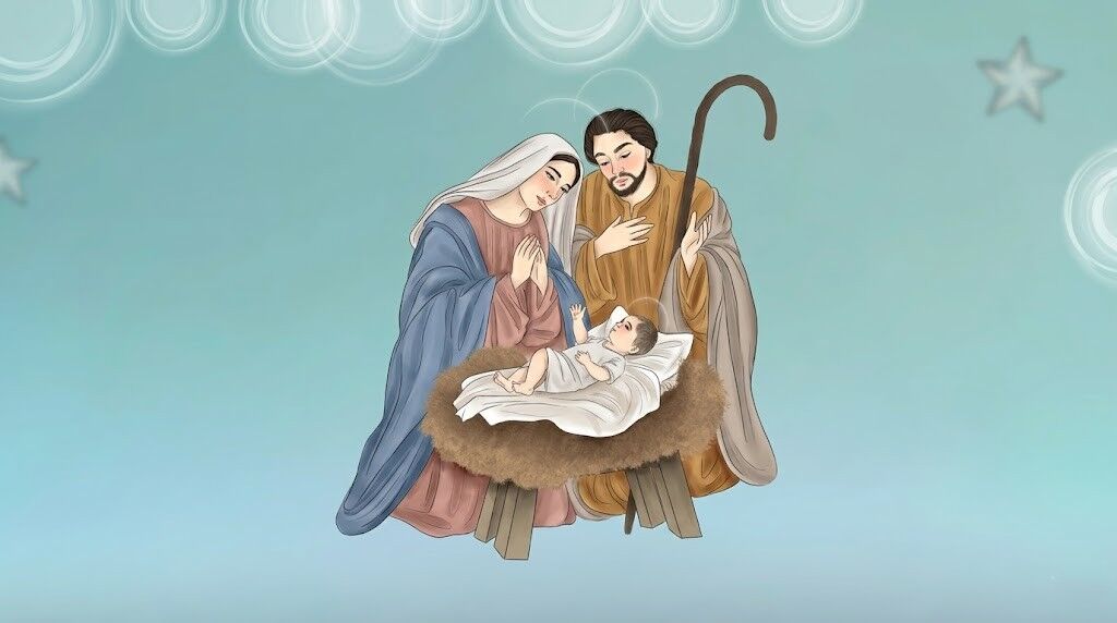 Maria dan Yusuf berlutut di samping bayi Yesus di dalam palungan dengan lingkaran cahaya bercahaya dan tongkat gembala