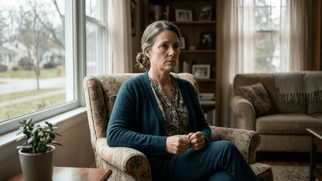 Wanita berambut abu-abu dengan kardigan teal duduk termenung di kursi berlengan bermotif bunga dekat jendela di ruang tamu