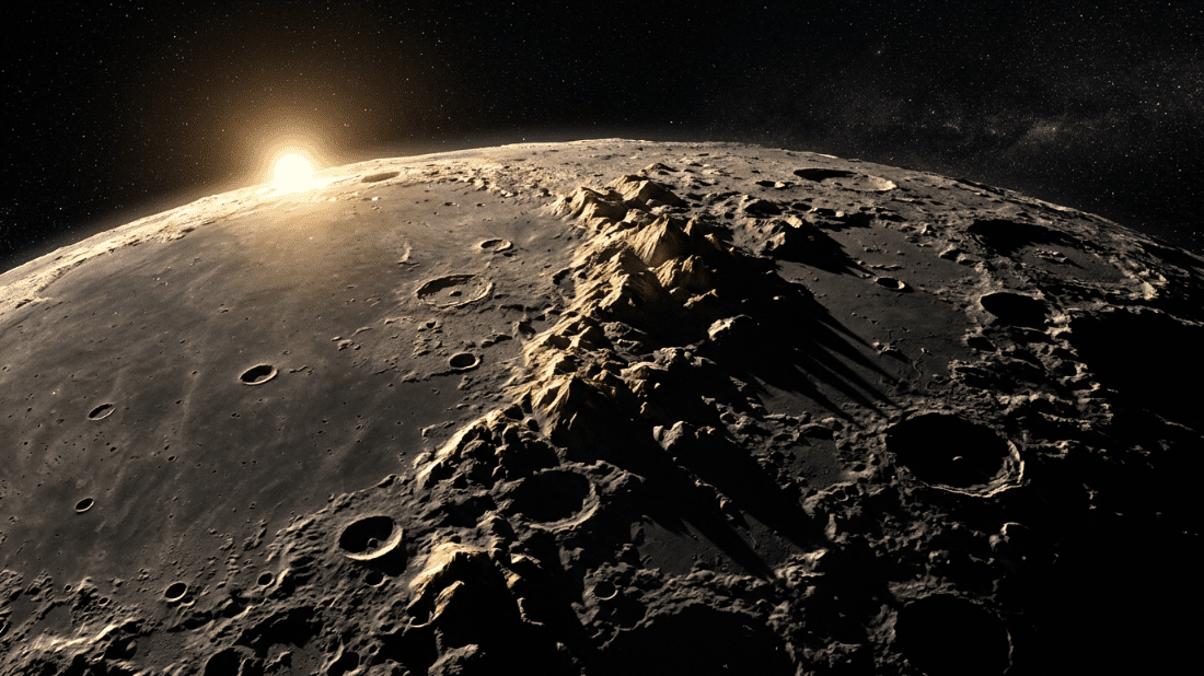 Matahari terbit di atas permukaan Bulan yang berbatu-batu dan berkawah dengan barisan pegunungan yang menghasilkan bayangan panjang.