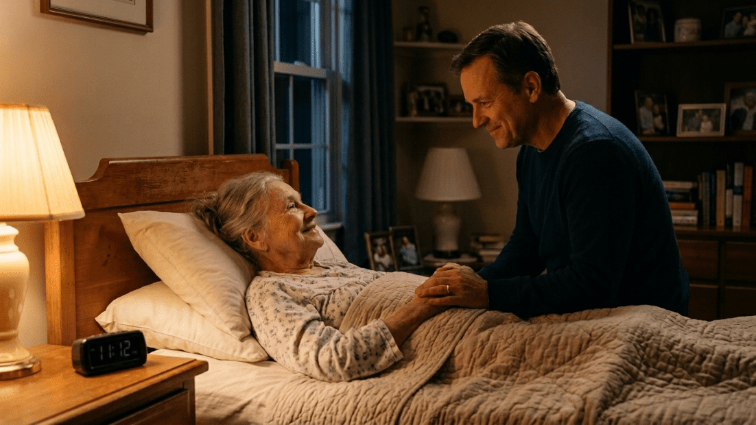 Pria berpegangan tangan dengan wanita tua terbaring di tempat tidur, berbagi momen hangat di kamar tidur yang nyaman di malam hari.